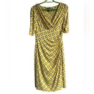 LAUREN RALPH LAUREN Yellow Faux Wrap Ruched Short Sleeve V-Neck Midi Dress Sz 4